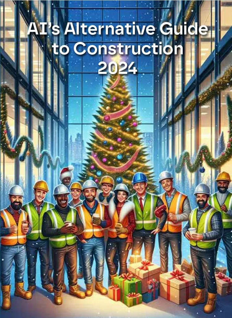 A diverse group of construction workers wearing hard hats and safety vests stand together in a modern glass building beneath a decorated Christmas tree with presents at its base, representing AI's alternative approach to construction in 2024.