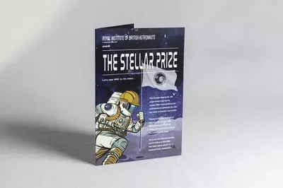 A dark blue tri-fold brochure titled 