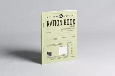 A cream-colored ration book from the Ministry of Food and Utility, featuring blank spaces for name, address, and other details, displayed at a three-quarter angle against a neutral background.