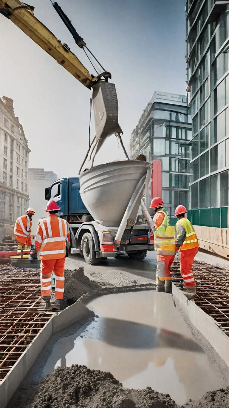 A concrete truck discharges its load onto a city street while five construction workers in orange safety vests monitor the process, with a crane hook visible above and modern buildings lining the urban construction site.