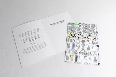 Three printed materials arranged on a white surface: two pages with text on the left, and an illustrated sheet on the right showing a diverse group of people drawn in a simple, stylized manner wearing various clothing styles.