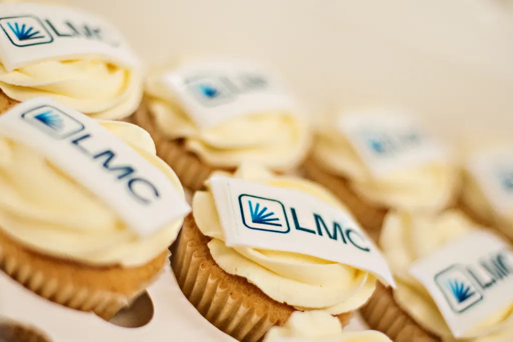 LMC branded cupcakes with cream frosting and blue logo toppers arranged in a row, celebrating Liz Male Consulting's rebrand.