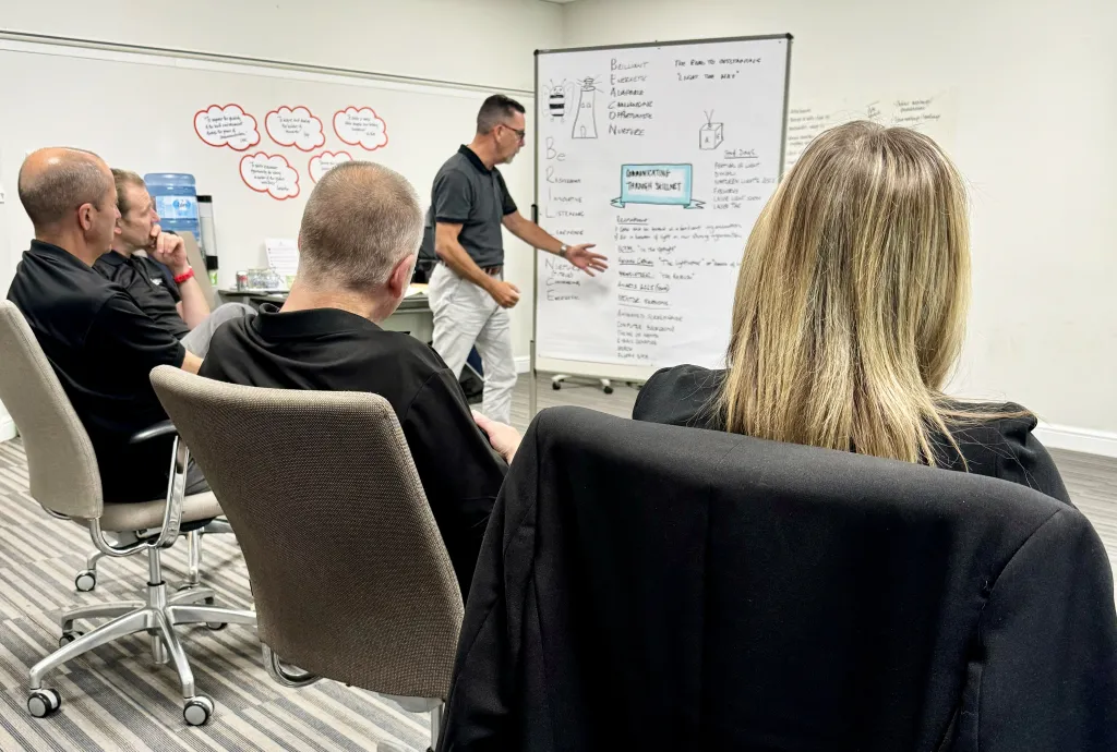 A team of four professionals sits in a meeting room while one person gestures toward a whiteboard covered with sketches, diagrams, and handwritten notes during what appears to be a brainstorming or strategy session.