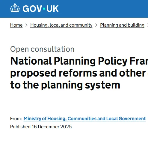 GOV.UK page header for an open consultation on the National Planning Policy Framework proposed reforms and other changes to the planning system, published 16 December 2025 by the Ministry of Housing, Communities and Local Government.