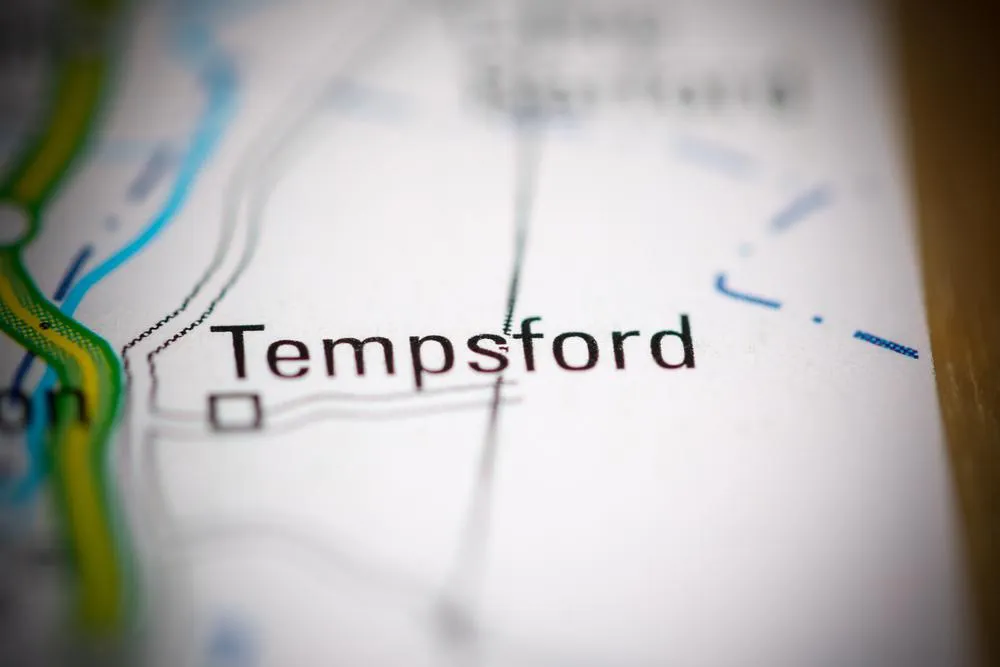 A close-up map view showing Tempsford marked with a small square symbol, with blue waterways and green boundaries visible around the location.