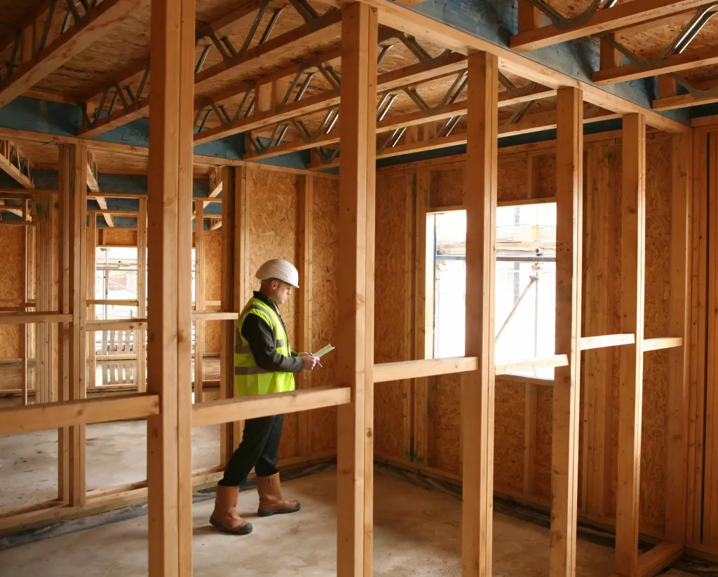 A construction worker in a yellow safety vest and hard hat stands inside a timber-framed residential building under construction, examining plans while surrounded by wooden wall studs and window openings with natural light streaming through.