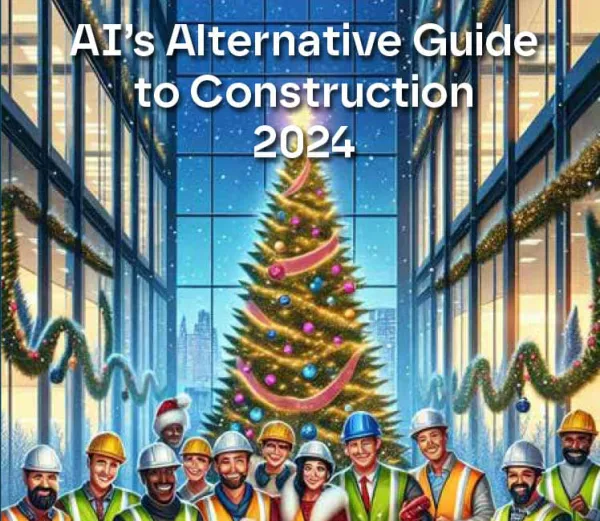A diverse group of construction workers in safety gear and hard hats stands in front of a large decorated Christmas tree inside a modern glass building atrium, representing AI's integration into the construction industry during the 2024 holiday season.