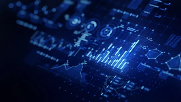 Abstract digital visualization of data analytics with glowing blue charts, graphs, and financial metrics on a dark background, representing data-driven insights and business intelligence.