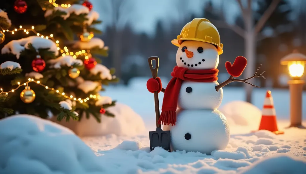A cheerful snowman wearing a yellow hard hat and red scarf holds a shovel in a snowy winter scene, standing next to a decorated Christmas tree with twinkling lights, symbolizing the blend of construction work and holiday spirit.
