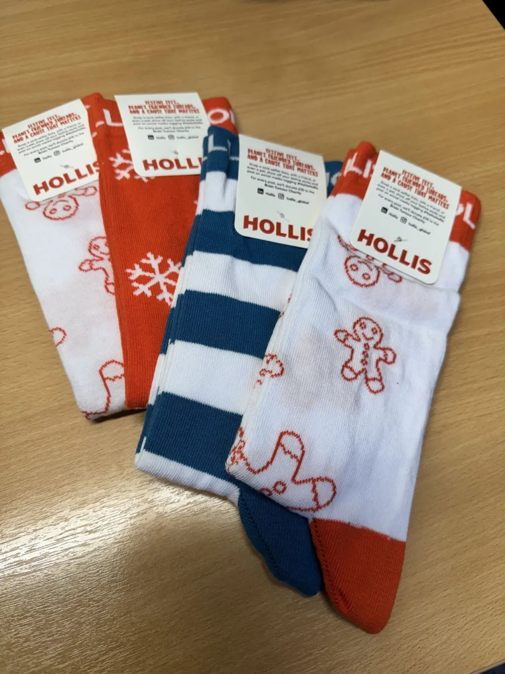 Five pairs of festive socks arranged on a wooden surface, featuring holiday designs including snowflakes, gingerbread men, and candy canes in red, white, and navy blue colors, with "HOLLIS" branding visible on the packaging tags.