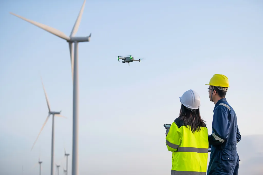 Two workers in safety gear and hard hats operate a drone above a wind farm, inspecting the large turbines against a clear sky.