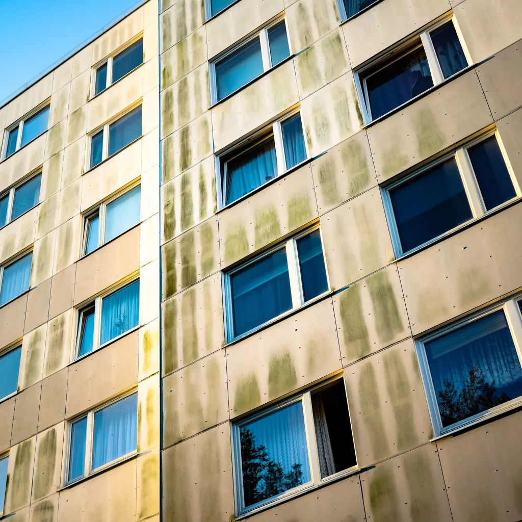 A multi-story residential building with beige and cream-colored facade shows signs of algae growth and weathering on its concrete panels. Rows of blue-tinted windows are evenly spaced across the front, with vertical green-stained sections between window groupings indicating age and moisture exposure.