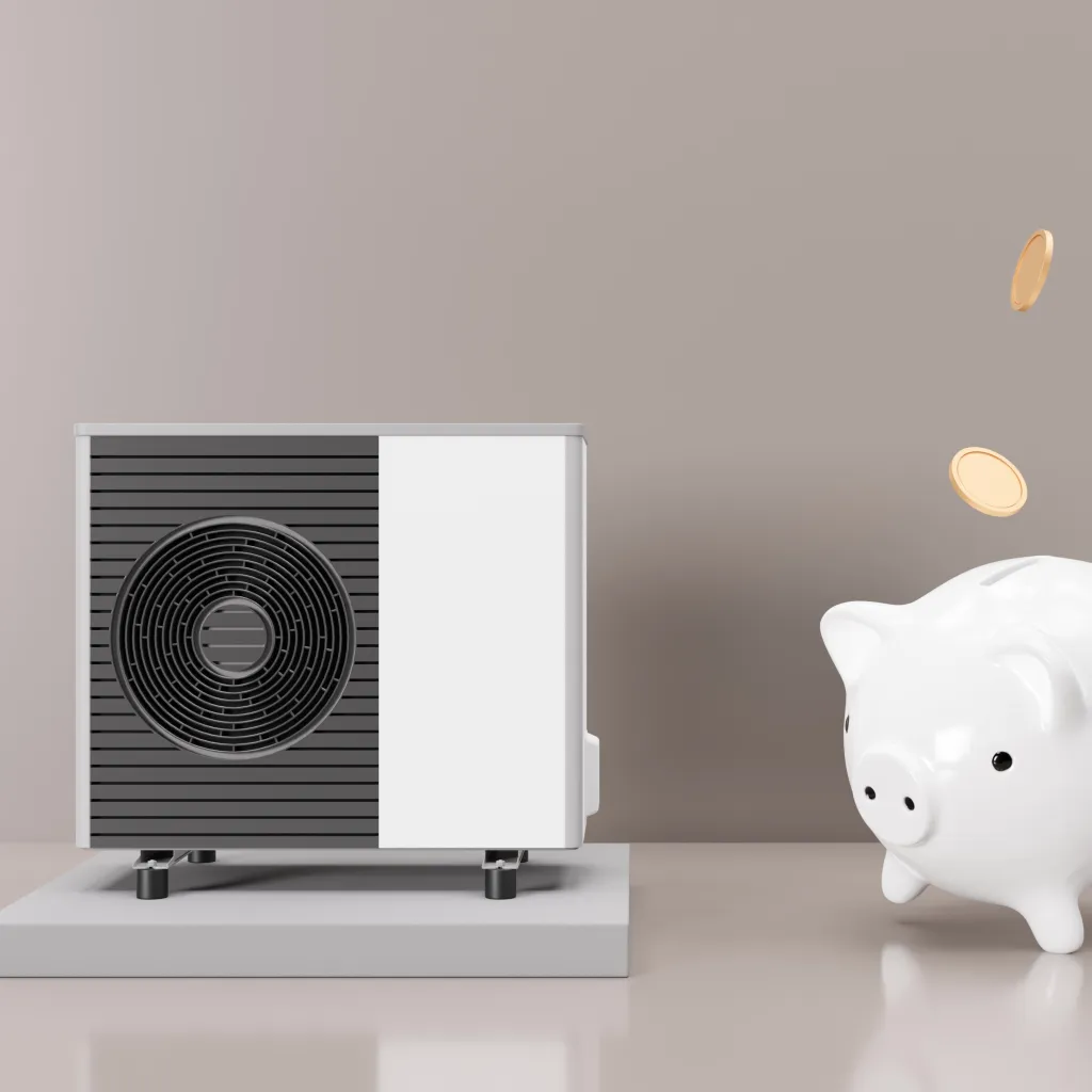 A heat pump unit with dark ribbed casing and white side panel stands on a light surface next to a white piggy bank, with floating coins in the background against a neutral gray wall.