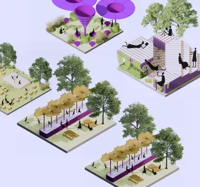 Isometric illustrations of accessible public spaces including shaded seating areas, elevated platforms with ramps, covered structures with bench seating, and landscaping with trees, demonstrating inclusive design principles for community gathering spaces.