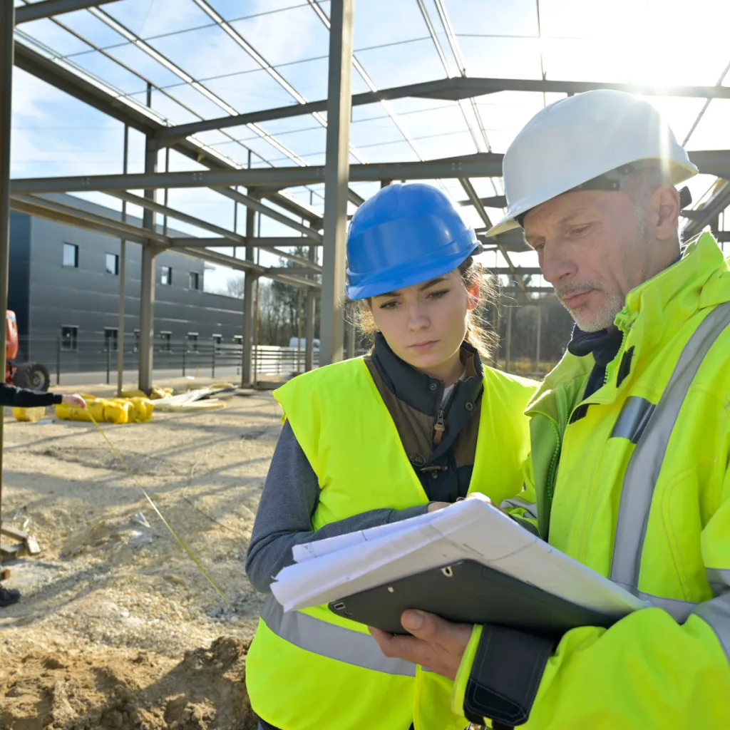 Two construction workers wearing high-visibility vests and hard hats review blueprints on a tablet at a building site with steel framework visible in the background.