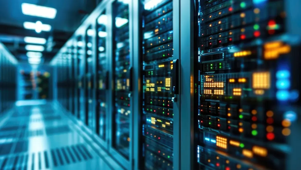 Server racks in a data centre with illuminated status lights in red, yellow, and blue, stretching down a corridor with blue-tinted lighting. Dense rows of networking equipment indicate high-capacity computing infrastructure.