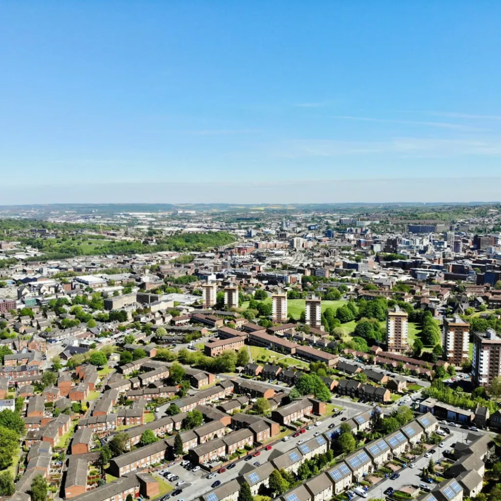 An view of an estate with multiple houses