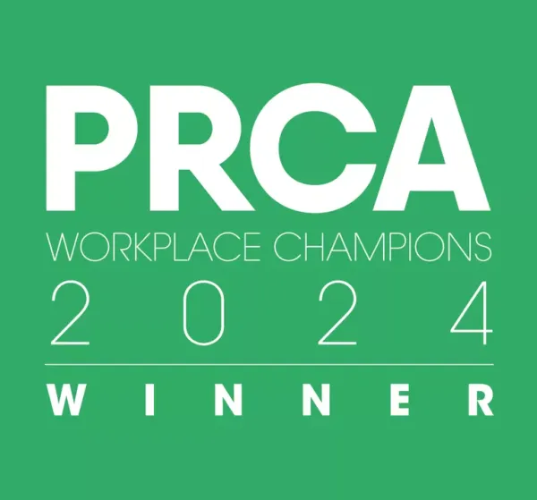 PRCA Workplace Champions 2024 Winner award badge on green background recognizing Liz Male Consulting as a workplace champion by the Public Relations and Communications Association.