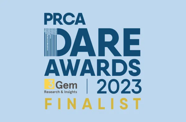 PRCA Dare Awards 2023 Finalist badge with Gem Research & Insights logo on light blue background.
