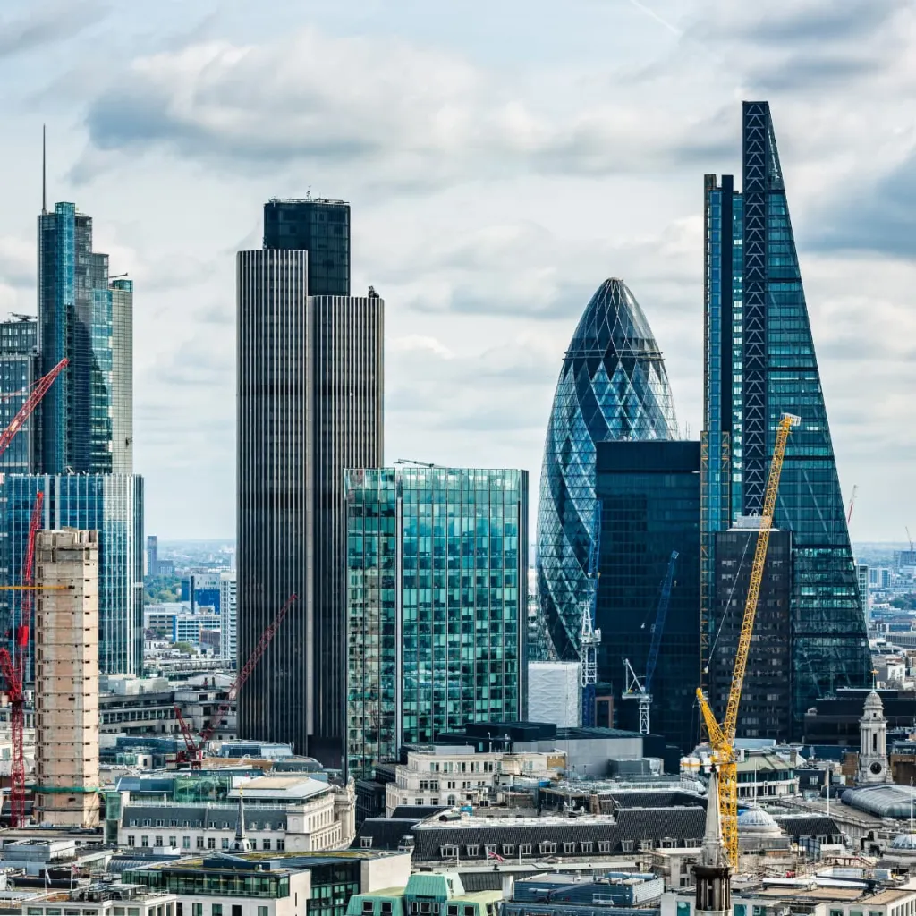 London's financial district skyline featuring distinctive modern architecture including the diamond-patterned 