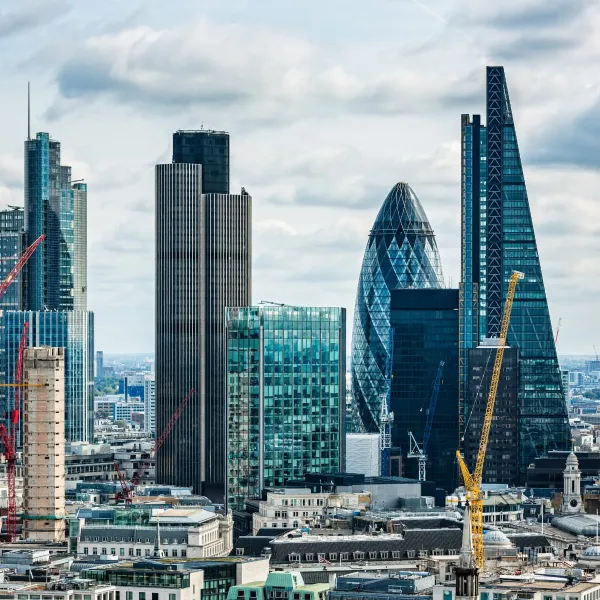 London's financial district skyline featuring distinctive modern architecture including the diamond-patterned 