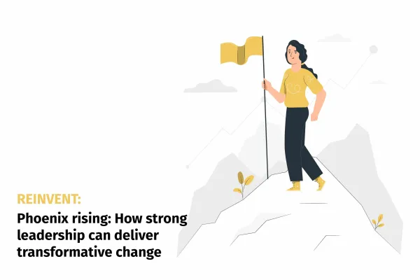 A woman in a yellow shirt stands on a mountain peak holding a gold flag, representing leadership and achievement in driving transformative organizational change.