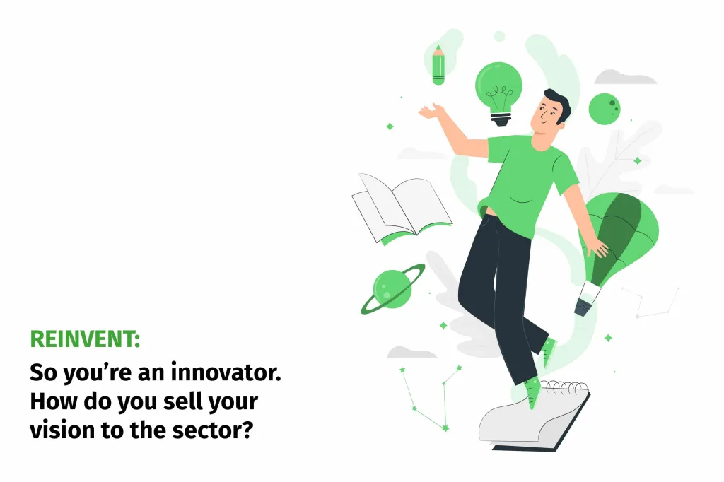 A person in a green shirt stands on a laptop surrounded by floating icons including a lightbulb, book, plant, and globe, illustrating innovative thinking and vision-sharing for sector recovery.