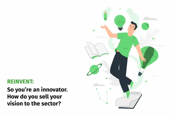 A person in a green shirt stands on a laptop surrounded by floating icons including a lightbulb, book, plant, and globe, illustrating innovative thinking and vision-sharing for sector recovery.
