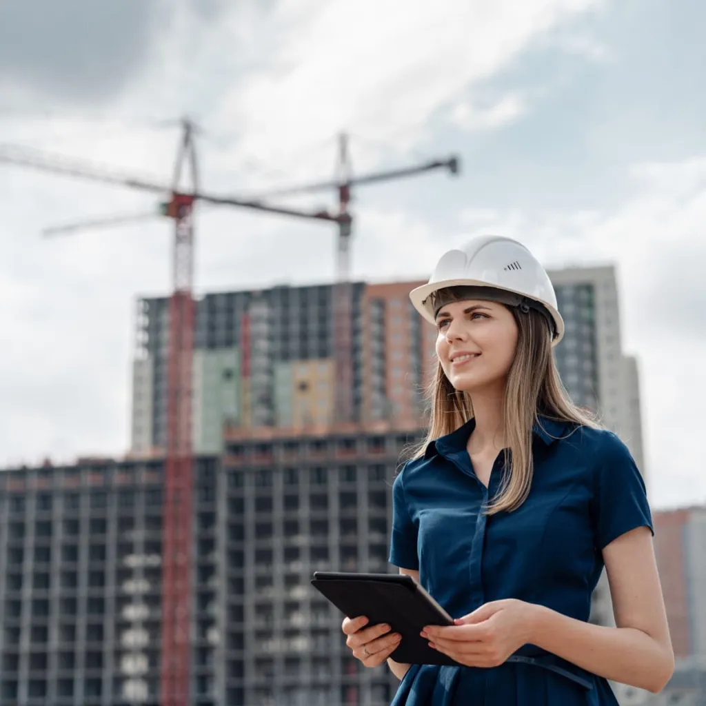 A female construction professional wearing a white hard hat and blue work shirt holds a tablet while standing on a construction site, with a tall building and red and white crane visible in the background.