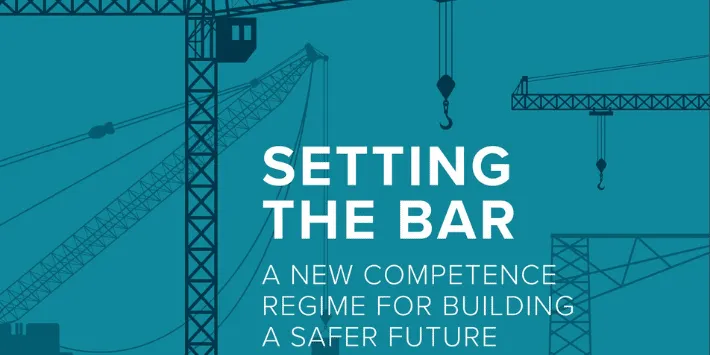 Construction cranes on a teal background with white text reading 