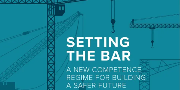 Construction cranes on a teal background with white text reading 