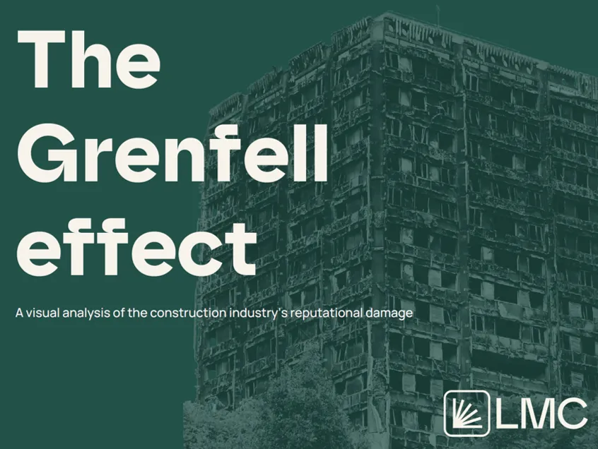 A darkened photograph of Grenfell Tower, a multi-story residential building, appears behind white text reading "The Grenfell effect" with a subtitle "A visual analysis of the construction industry's reputational damage" and the LMC logo in the bottom right corner.