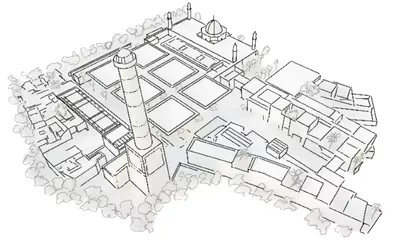 Architectural isometric drawing of a waterfront development featuring a central lighthouse tower surrounded by various buildings, walkways, and landscaping elements arranged along a curved coastline.