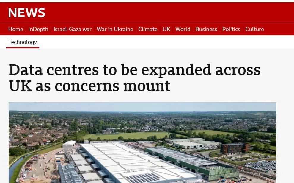 Screenshot of BBC news with the headline about data centres in the UK.
