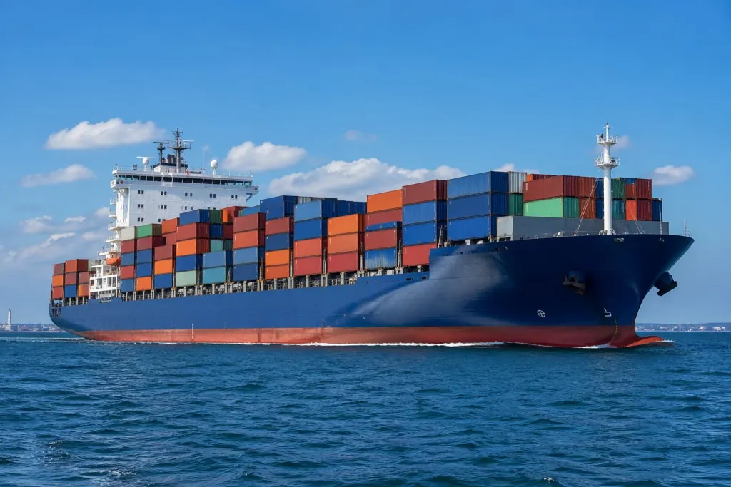 A large container ship loaded with stacked cargo containers in red, blue, orange, and green colors sits on blue ocean water under a clear sky with white clouds.