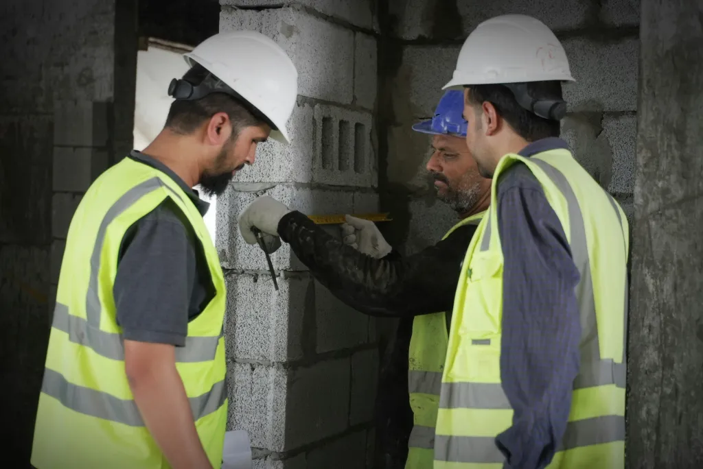 photo of construction workers and apprentices measuring a brick wall