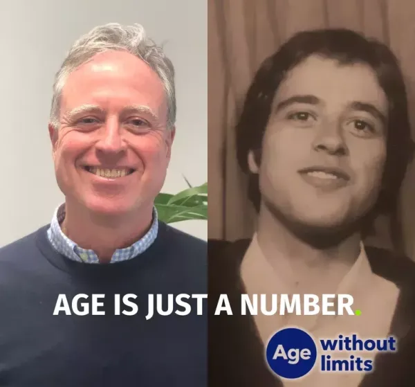 Two side-by-side photos comparing a younger man on the right with an older man on the left, with text reading 