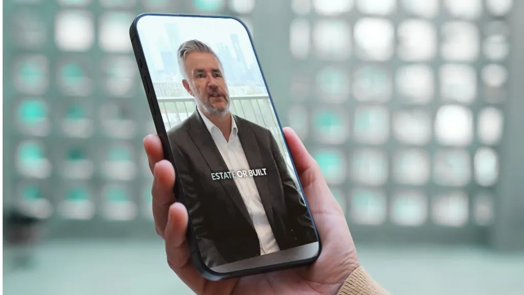 A hand holds a smartphone displaying a professional headshot of a gray-haired man wearing a dark blazer and white shirt against a blurred office building background, with 