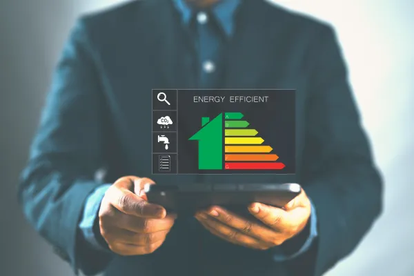 A businessman in a dark suit holds a tablet displaying an energy efficiency rating chart with a green house icon and a colored scale ranging from green to red, with a search bar and menu icons visible above the chart.