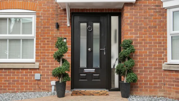 Black modern composite front door with glazed panel on a red brick house, flanked by two potted topiary plants and sidelights, set within a contemporary porch surround.