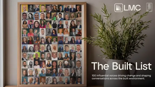 A grid of 100 portrait photographs of diverse individuals of various ages, ethnicities, and genders arranged on a wooden-framed display next to a potted plant. The LMC logo and text reading 