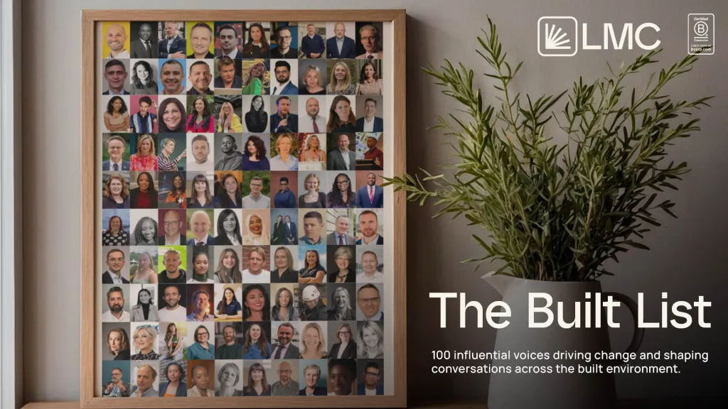 A grid of 100 portrait photographs of diverse individuals of various ages, ethnicities, and genders arranged on a wooden-framed display next to a potted plant. The LMC logo and text reading "The Built List: 100 influential voices driving change and shaping conversations across the built environment" appear on the right side.