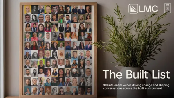 A grid of 100 portrait photographs of diverse individuals of various ages, ethnicities, and genders arranged on a wooden-framed display next to a potted plant. The LMC logo and text reading 