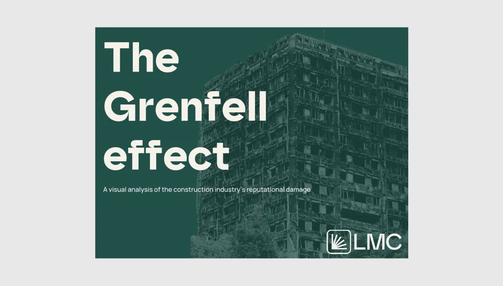 The Grenfell effect: A visual analysis of the construction industry's structural defiance. Dark teal overlay with white text on a photograph of a residential apartment building. LMIC logo in bottom right corner.