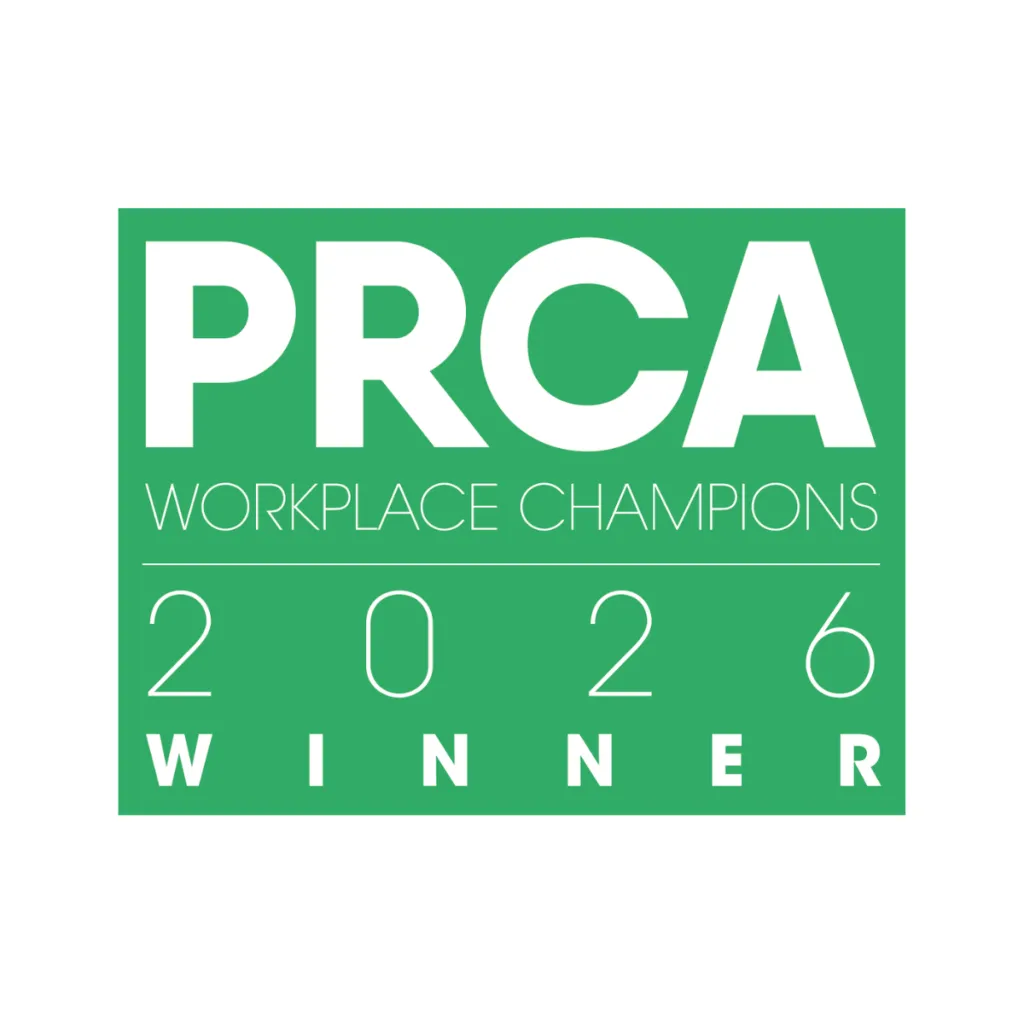 PRCA Workplace Champions 2026 Winner award badge in green with white text.
